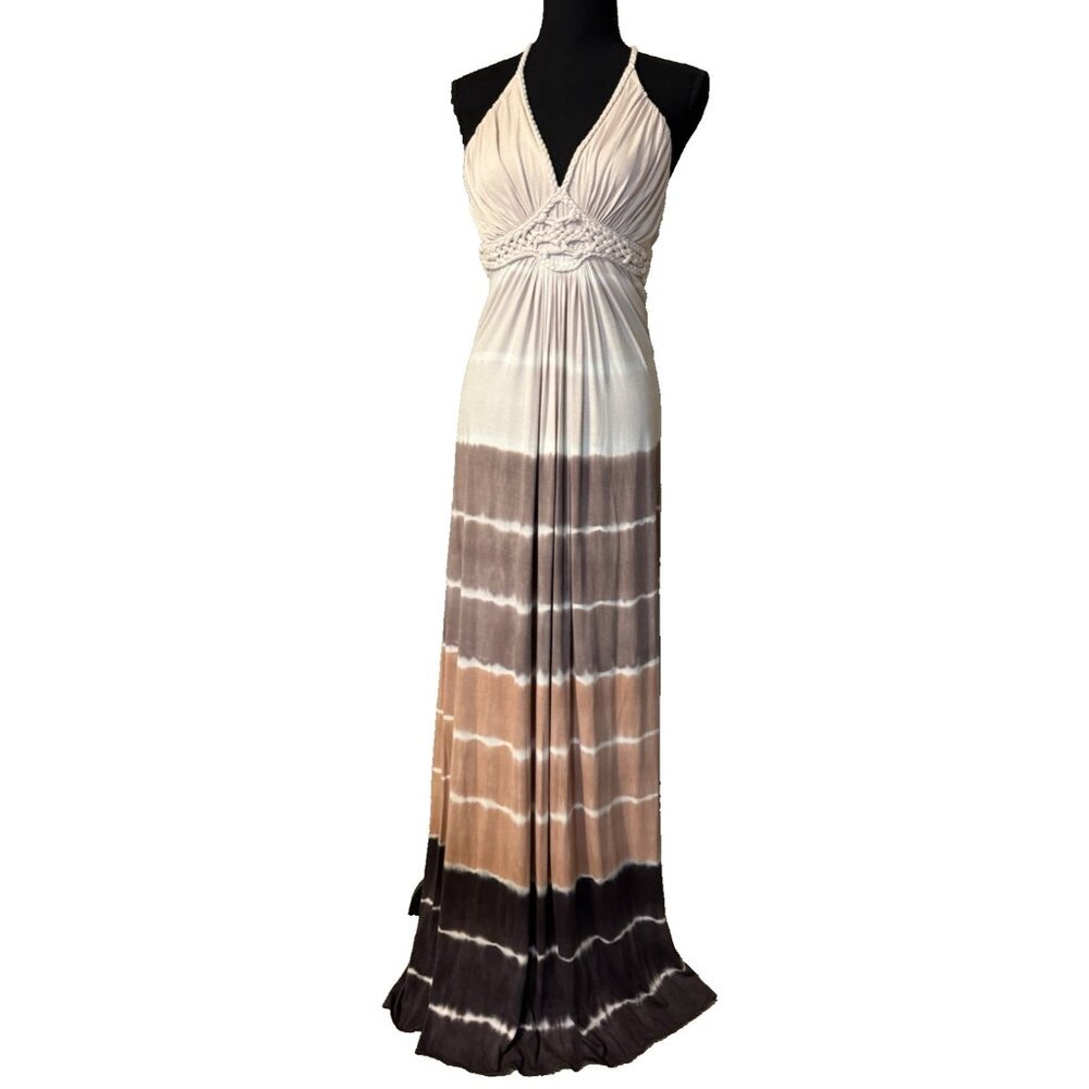 SKY Brand Maxi Dress M Soft Brown Tie Dye Braid Trim Stretch Long NEW - Picture 2 of 13